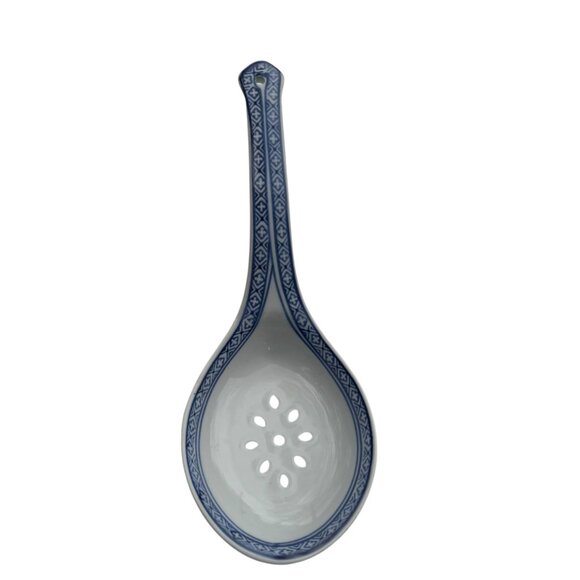 Blue & White Ceramic Slotted Spoon With Decorative Handle 8" China Asian - Picture 1 of 5